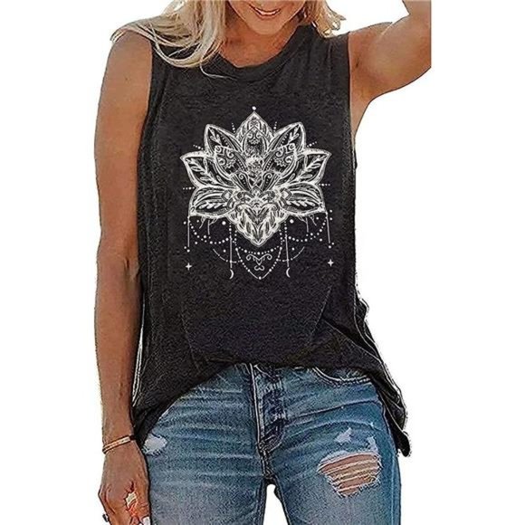 Boho Lotus Flower Printed Wide Racerback Graphic Tee Tank Top Cami T Shirt Yoga - Picture 4 of 10